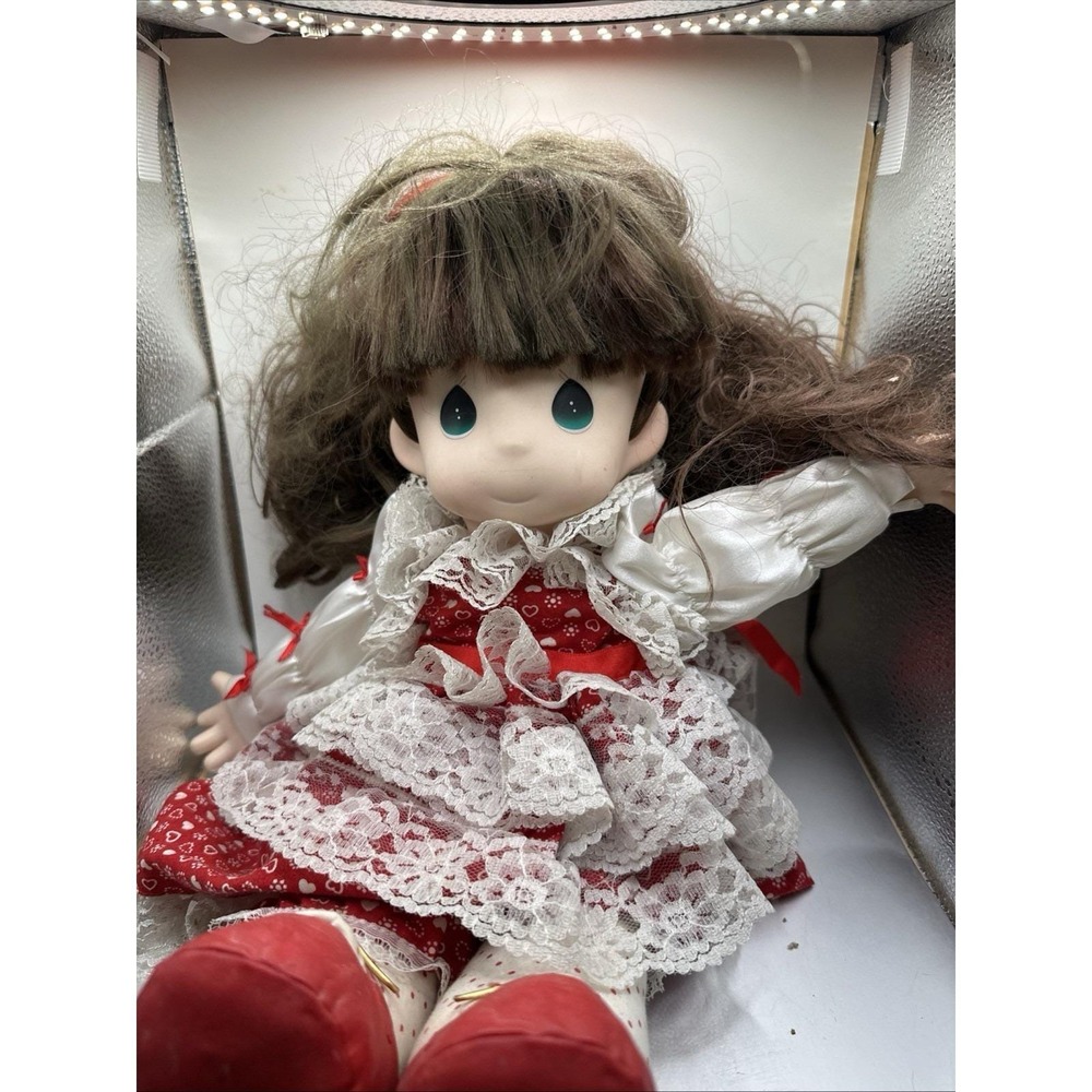 Vtg Precious Moments Doll In Red And White Dress W/ Hearts. Locket Necklace 1991